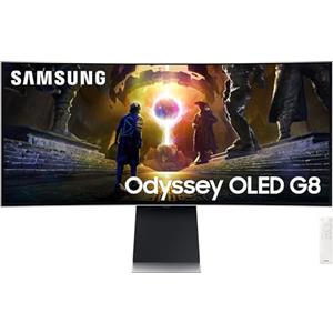 Samsung Monitor Gaming Odyssey OLED G8 (S34DG850), Curvo (1800R), 34'', 3440x1440 (WQHD), 21:9, HDR10+, OLED, 175Hz, 0,03ms (GtG), Freesync Premium Pro, HDMI, USB, DP, WiFi, Casse, HAS