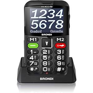 Brondi Amico Chic, Telefono cellulare GSM per anziani con tasti grandi, tasto SOS e funzione da remoto, dual SIM, volume alto, Nero