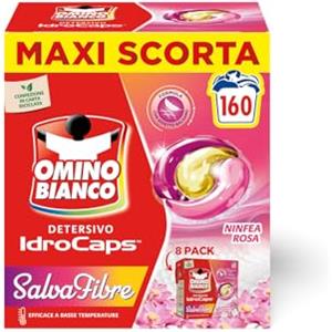 Omino Bianco Idrocaps - Detersivo Lavatrice In Capsule Salva Fibre, 160 Lavaggi, Efficace a Basse Temperature, Profumo Ninfea Rosa, 20 Caps x 8 Confezioni