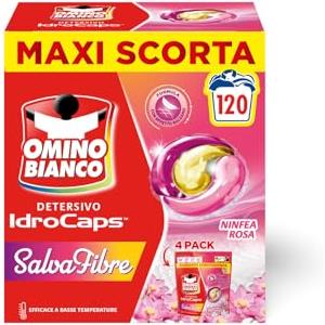 Omino Bianco Idrocaps - Detersivo Lavatrice In Capsule Salva Fibre, 120 Lavaggi, Efficace a Basse Temperature, Profumo Ninfea Rosa, 30 Caps x 4 Confezioni