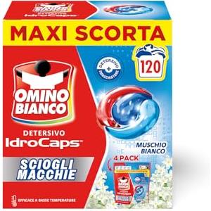 Omino Bianco Idrocaps - Detersivo Lavatrice In Capsule Sciogli Macchie, 120 Lavaggi, Efficace a Basse Temperature, Profumo Muschio Bianco, 30 Caps x 4 Confezioni