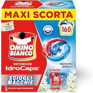 Omino Bianco Idrocaps - Detersivo Lavatrice In Capsule Sciogli Macchie, 160 Lavaggi, Efficace a Basse Temperature, Profumo Muschio Bianco, 20 Caps x 8 Confezioni