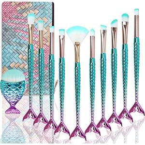 NIZIYI Set Pennelli Make Up Sirena, Set Pennelli Trucco Carino, Pennelli Make Up + Trousse Trucchi, Pennelli Ombretto Occhi Pennello Eyeliner Fondotinta, Ragazze Regalo di Natale e Compleanno (11 Pezzi)