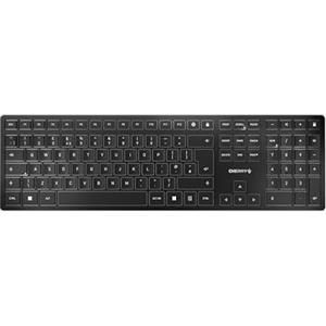 CHERRY KW 9100 SLIM, Tastiera di design Senza Fili, Layout per il Regno Unito (QWERTY), A scelta Connessione Bluetooth o Wireless 2,4 GHz, Tasti Piatti, Ricaricabile, Nero-Grigio