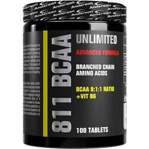 Anderson Professional Sport Supplements Anderson 811 BCAA UNLIMITED È un integratore di aminoacidi ramificati in rapporto 8:1:1 combinati con Vitamina B6 | 100 cpr | Made in Italy