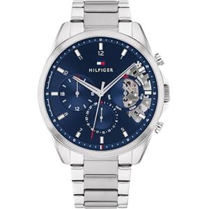 Tommy Hilfiger Orologio analogico multifunzione al quarzo da uomo con cinturino in maglia metallica in acciaio inossidabile e in pelle, Blu, Collegamento