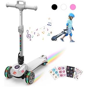 iScooter Monopattino Elettrico Bambini con Maniglia, Monopattino Bambino a 3 Ruote, Altoparlante Bluetooth, 3 Altezze Regolabili, Acceleratore a Dito, Luce LED Arcobaleno, Pieghevole, 3-12 Anni,Bianco