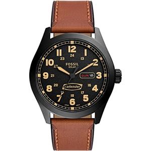 Fossil Orologio Defender da uomo, movimento solare, cassa in acciaio inossidabile nera da 46 mm con cinturino in pelle, FS5978, Marrone