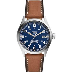 Fossil Orologio da uomo Defender, movimento solare, cassa in acciaio inossidabile argentato da 40 mm con cinturino in pelle ProPlanet, FS5975, Marrone scuro