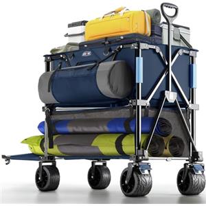 Overmont Carrello Pieghevole a Due Piani 400L 200kg - Carrello da Spiaggia con Ruote Portatutto per Tutti i Terreni - Carrello da Giardino Allungato di 132CM per Festival Campeggio Picnic Sport Blu
