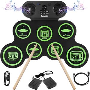 Bonvvie Ricaricabile Batteria Elettronica E-Drum Kit, Bonvvie Batteria Digitale Roll Up con 7 pad, MIDI, DTC, Doppi Altoparlanti Integrati, Ideale Per Principianti, Studenti e Appassionati di Musica