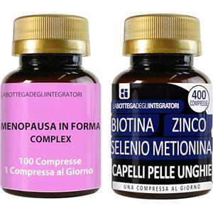 LABOTTEGADEGLIINTEGRATORI Set di Integratori Menopausa 100 Compresse e Biotina Zinco Selenio 400 | Kudzu e Trifoglio Rosso Ricchi in Isoflavoni | Metabolismo, Peso, Rilassamento, Vampate | Capelli Pelle Unghie
