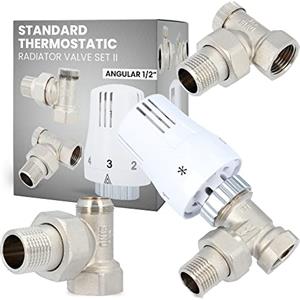 Instalguru Set di valvole termostatiche per termosifone di ricambio TRV Standard II, angolo 1/2, in ottone, controllo del riscaldamento centralizzato, set completo, testa termostatica M30 x 1,5