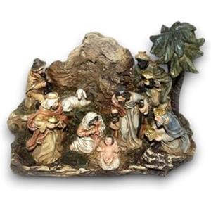 Generico Grotta Capanna effetto Roccia PRESEPE di Natale Completa di Natività da 8 Pezzi con 3 Re Magi Scenario su tronco in Resina statuine pastori Dimensioni 16x7x h.12 cm Napoletano