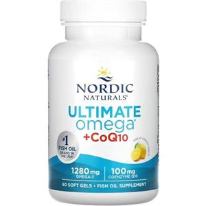 Nordic Naturals Ultimate Omega-3 + CoQ10, 1280 mg di Omega-3, Con EPA, DHA e Coenzima Q10, Alta dose, Gusto limone, 60 Capsule morbide, Testato in Laboratorio, Senza Soia, Senza Glutine, Non OGM