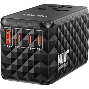 LENCENT 140W Adattatore Universale da Viaggio, Adattatore Presa con 1 USB-A & 3 USB-C, Caricatore Alimentazione Rapida per Telefono Cellulare, Laptop, Spina Internazionale per UK, EU, AUS, USA -Nero