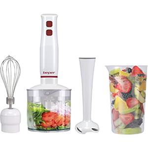 BEPER P102FRU200 Set frullatore a immersione 4in1,400W, Frullatore, Tritatutto 500 ml, Frusta, Bicchiere graduato 700 ml, Funzione turbo, Bianco/Rosso