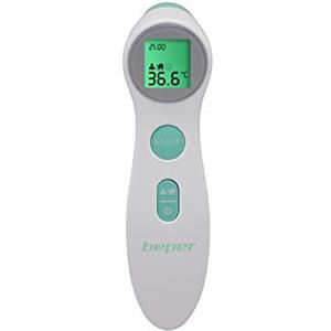 BEPER P303Med001 Termometro Febbre Infrarossi, senza Contatto, Misurazione Corporea/Liquidi/Oggetti e Superfici, Display LCD Retroilluminato, Memoria 10 Misurazioni, Bianco/Verde Acqua