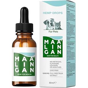 MAALINGAN® Olio di Canapa Calmante Forte per Cani e Gatti | Integratore Articolazioni | Tranquillante Contro Stress e Ansia | Gocce 100% Vegetali uso Veterinario | Omega 3, 8 Selenio | 1000MG 30ML