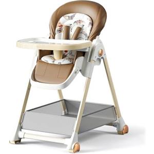 Reenborn Pelle PU Seggiolone Pappa, Pieghevole Convertibile Seggiolone Pappa 0 36 Mesi con 6 Altezze e 3 Posizioni di Reclinazione, Seggiolino Pappa con Doppi Vassoi Staccabili e Ruote (808 Khaki)