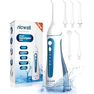 Nicwell Idropulsore Dentale Portatile, Irrigatore Orale Professionale 4 Modalità e 5 Ugelli di Ricambio con rotazione di 360 °, Ricaricabile USB, IPX7 Impermeabile, Adatto a viaggio e a casa