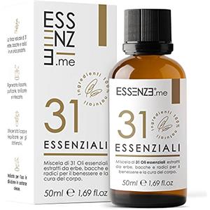 Essenze.me Puro, Elegante Benessere Olio alle 31 Erbe Balsamico e Defaticante, Miscela di 31 Oli Essenziali Concentrati, Puri e Naturali Multiuso per Massaggi, Suffumigi, Aromaterapia, Cura della Pelle e Capelli.