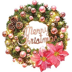 INIFLM Ghirlanda natalizia con luci da 40,6 cm, rosa artificiale, ghirlanda natalizia con palline di bacche, palline di pino, ornamenti per feste, porte, pareti e decorazioni per la casa