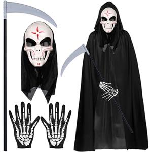 Mecctuck Costume di Halloween, maschera per il viso di Halloween, mantello con cappuccio, mantello da vampiro, mantello con fantasma, festival horror, maschera scheletro, guanti falce della morte, per