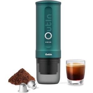 Outin Nano Macchina da caffè espresso elettrica portatile, caffettiera da viaggio per il campeggio, caffettiera da auto auto-riscaldamento con USB-C, con caffè macinato e capsula NS