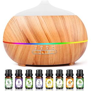 Moisturnt Diffusore di Oli Essenziali Umidificatore Ultrasuoni: 500ML Diffusore di Aromi con 8x10ml Oli Essenziali- Ambienti Legno con 7 Colori LED Vaporizzatore Elettrico per Casa Ufficio Spa Yoga