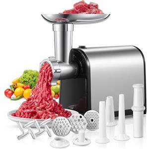 FOHERE Tritacarne, 3 in 1 Tritacarne Elettrico con 3 Piastre Abrasive in Acciaio Inox, 1 Cubo e 3 Tubi di Riempimento per Salsicce, 300W, 2000W max
