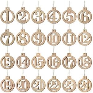 RYMAUP 1-24 numeri per calendario dell'Avvento, ciondolo in legno, conto alla rovescia, numeri per fai da te, ciondolo in legno, decorazione natalizia