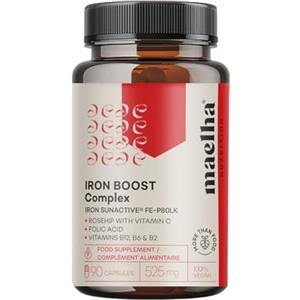 Maelha Nutrition Integratore di Ferro SunActive® Fe-P80LK, Complesso di Rosa Canina con Vitamina C, Acido Folico, Vitamine B12, B6 e B2, 90 Capsule, 525 mg, 100% Vegano