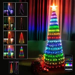 Bakaji Albero di Natale Smart Luci 195 Led RGB Natalizie Cono Pieghevole Slim Salvaspazio Decorazioni Controllabile da App Control Smartphone Bluetooth Compatibile Android Ios (MULTICOLORE - 150CM)