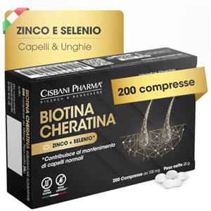 CISBANI PHARMA Biotina Cheratina - Integratore Capelli e Rinforzante Unghie, con Zinco e Selenio - 200 Compresse da 100 mg - Oltre 6 Mesi di Durata - Senza Glutine e Lattosio - Integratori per Capelli