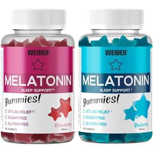 Weider PACK DUO Melatonin Gummies (2x60 Caramelle Gommose) Sapore Fragola e Mirtillo. Con 1mg di Melatonina per dose, Aiuta para il Sonno e contro il Jet lag, Senza Glutine, Senza Zucchero