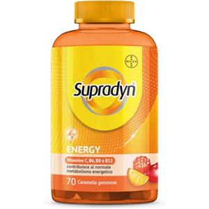 Supradyn Energy Multivitaminico Caramelle, Integratore Completo, con Vitamine A, B, C, D, E e Coenzima Q10, 70 Caramelle Gommose Multivitaminiche Gusto Ciliegia, Lampone e Arancia