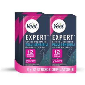 Veet Expert Strice Depilatorie Gambe e Corpo, Ceretta per Pelli Sensibili con Olio di Mandorla, Dermatologicamente Testate, 36 Strisce (3x12 Strisce) + 6 Salviette Post-Epilazione con Olio D'Argan