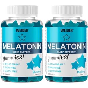 Weider PACK DUO Melatonin Gummies (2x60 Caramelle Gommose) Sapore di Mirtillo, con 1mg di Melatonina per dose, Aiuta para il Sonno e contro il Jet lag, Senza Glutine, Senza Zucchero