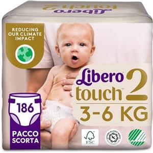 Libero, Pannolini Touch Open per Bambini, 186 Pannolini Taglia 2 per Bambini da 3-6 Kg, 3 Confezioni da 62 Pannolini Monouso