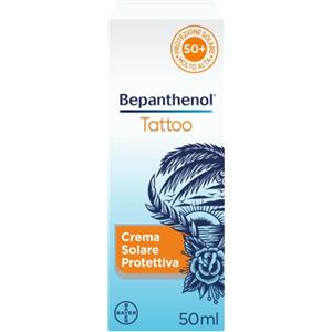 Bepanthenol Tattoo Crema Solare 50, Aftercare per Protezione Solare del Tatuaggio da Raggi UVB e UVA del Sole e Mantenere Vivi i Colori, Formato Viaggio 50 ml