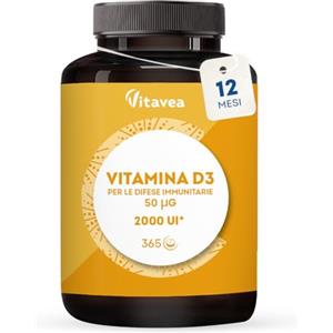 Vitavea Vitamina D3 2000 UI - 365 Compresse Vegan - Integratore Difese Immunitarie - Per l'Assorbimento di Vitamina D - Biodisponibile - Benessere Ossa, Denti, Muscoli - 1 Anno di Trattamento - Vitavea