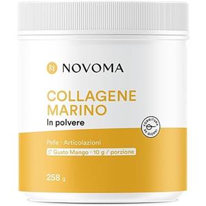 NOVOMA Collagene Marino in Polvere 258g (25 giorni), Per Pelle e Articolazioni, Collagene Idrolizzato Brevettato di Tipo 1 e 3, Con Vitamina C, 10g per Porzione, Sapore di Mango, Prodotto in Francia