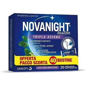 NOVANIGHT Tripla Azione, Integratore Alimentare con Melatonina per Dormire, Magnesio e Griffonia, Senza Glutine, 20+20 Bustine Orosolubili al Gusto Camomilla e Agrumi, Non Induce Dipendenza