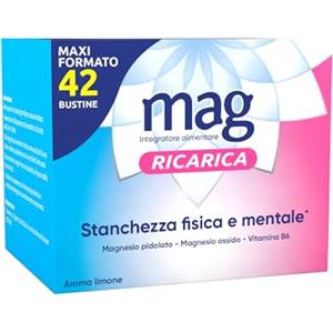 Mag Ricarica, Integratore Alimentare A base di Magnesio Pidolato, Magnesio Ossido e Vitamina B6 Contro la Stanchezza Mentale e Fisica, Senza Glutine e Senza Lattosio, 42 Bustine Aroma Limone