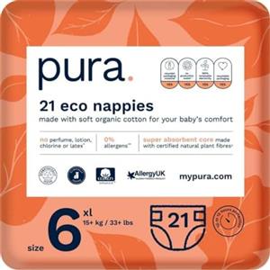 Pura Pannolini Ecologici, Taglia 6 (XL 15kg+), 21 Pannolini (Confezione da 1), Certificati EU Ecolabel, Adatti per la Pelle Sensibile, Cotone, Senza Profumo, Protezione Dalle Perdite per 12 Ore