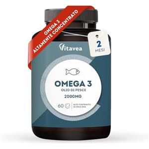 Vitavea Omega 3 Olio di Pesce con 1000 mg EPA e 500 mg DHA - Alto Dosaggio Quotidiano - Senza Retrogusto - 2000 mg Olio di Pesce - 60 Capsule Softgel - Integratore Omega 3 e Acidi Grassi Essenziali EPA DHA