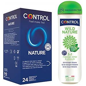 Control Natural Mix cofanetto di 24 preservativi classici e gel massaggio 3 in 1 con 99,4% di ingredienti ad origine naturale