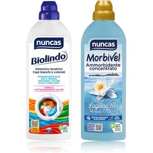 Nuncas Biolindo Detersivo Lavatrice Capi Bianchi e Colorati - 1L & Morbivel laguna blu ammorbidente - 750ml