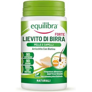 equilibra Integratori Alimentari, Lievito di Birra Forte, Integratore Capelli e Pelle con Lievito di Birra e Biotina, 100% VNR di Biotina, Senza Lattosio, Vegano, 90 compresse